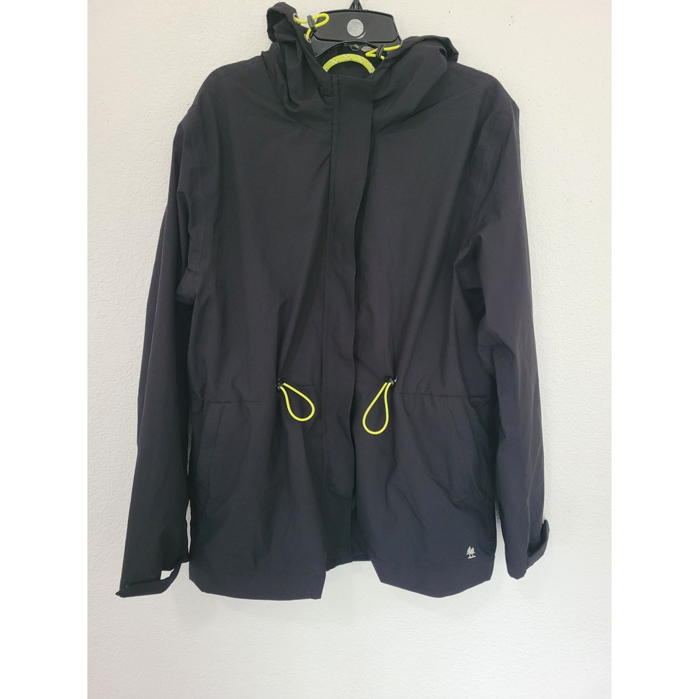G.H. Bass & Co‎ Mens S Black Hooded Windbreaker Jacket Neon Yellow Accents #23
